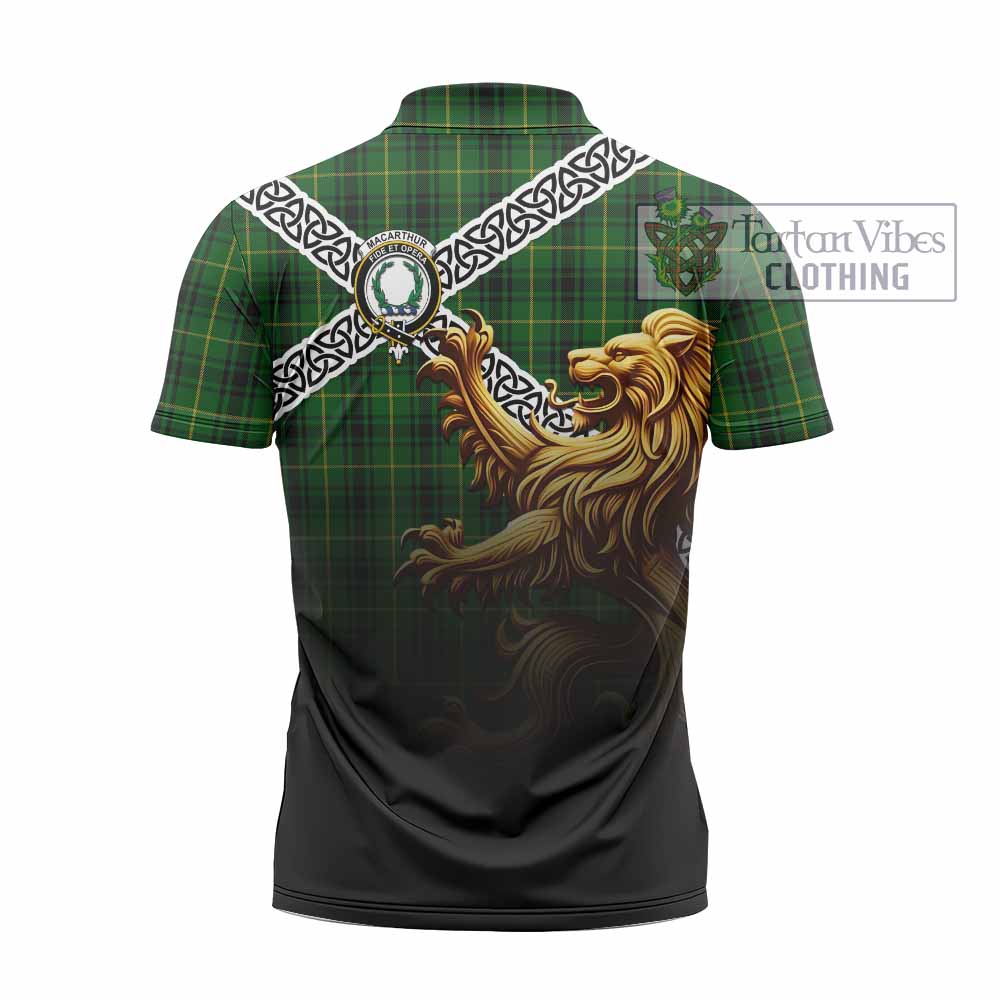 Tartan Vibes Clothing MacArthur (McArthur) Crest Tartan Zipper Polo Shirt with Golden Lion Emblem Celtic Style