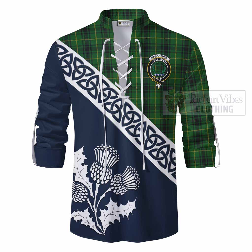 Tartan Vibes Clothing MacArthur (McArthur) Tartan Ghillie Kilt Shirt Featuring Thistle and Scotland Map