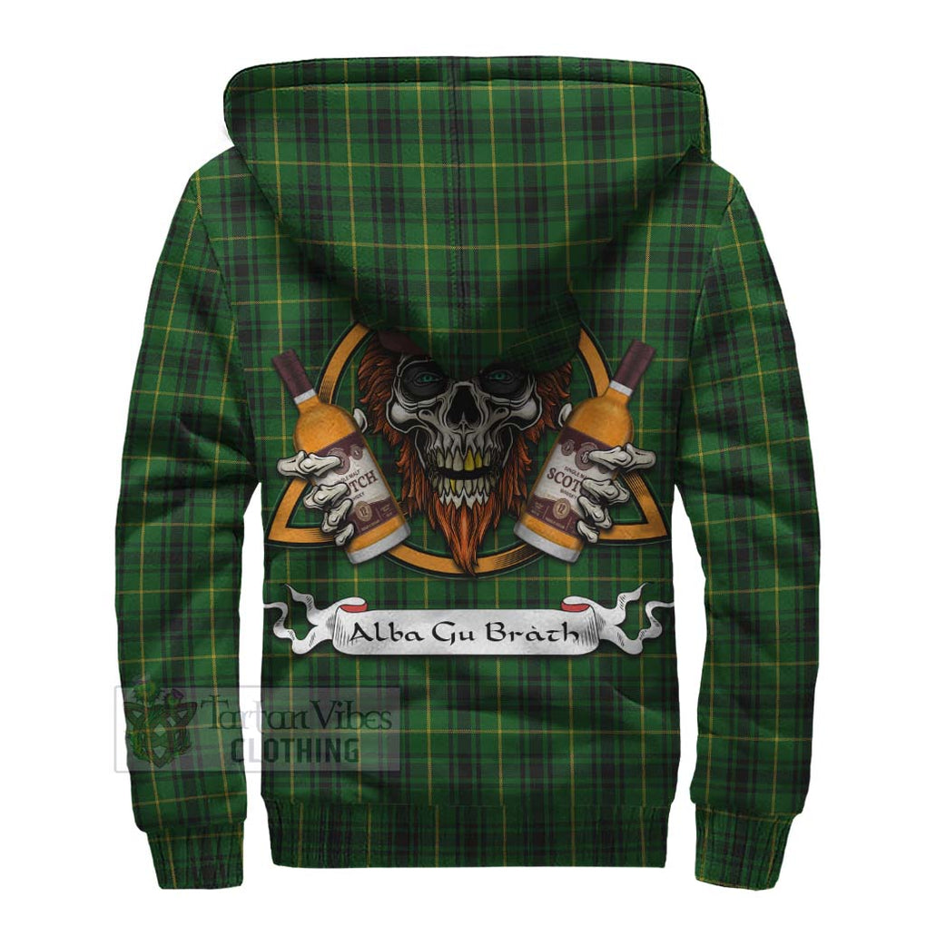 Tartan Vibes Clothing MacArthur (McArthur) Tartan Sherpa Hoodie with Family Crest and Bearded Skull Holding Bottles of Whiskey