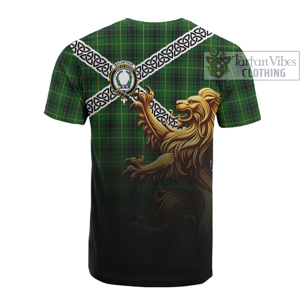 Tartan Vibes Clothing MacArthur (McArthur) Crest Tartan Cotton T-shirt with Golden Lion Emblem Celtic Style