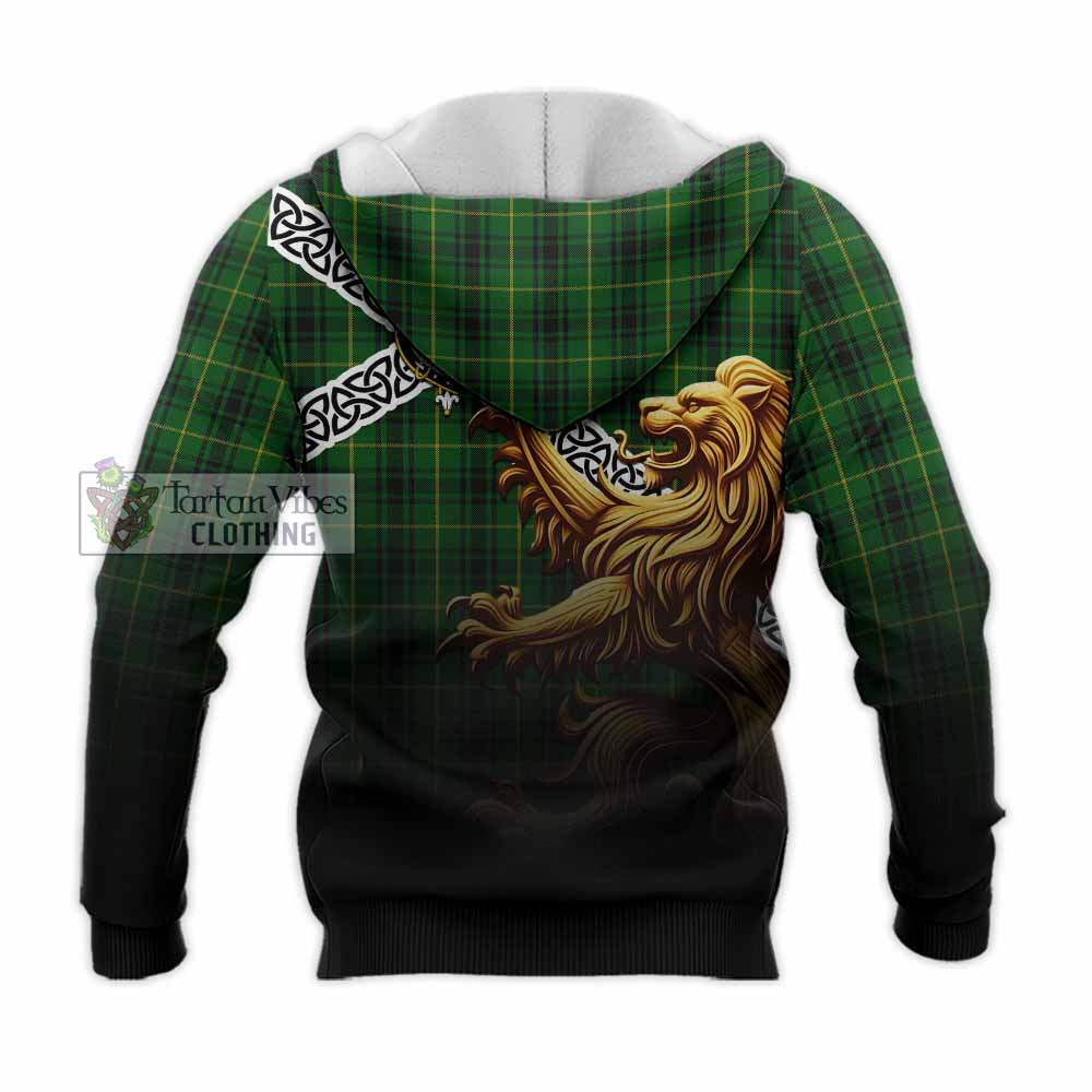 Tartan Vibes Clothing MacArthur (McArthur) Crest Tartan Knitted Hoodie with Golden Lion Emblem Celtic Style