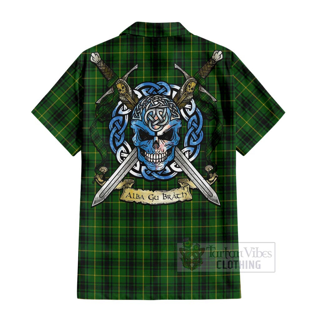 Tartan Vibes Clothing MacArthur (McArthur) Tartan Short Sleeve Button Shirt with Family Crest Celtic Skull Style