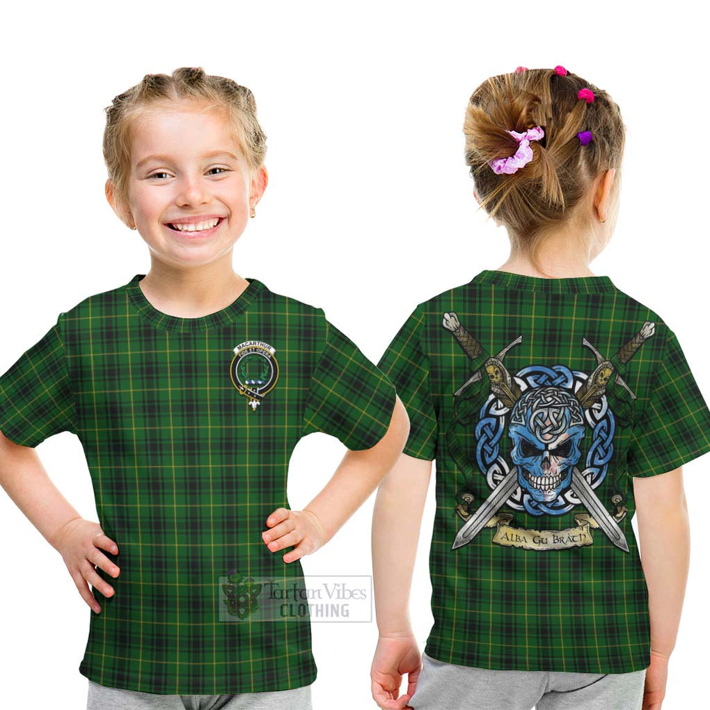 Tartan Vibes Clothing MacArthur (McArthur) Tartan Kid T-Shirt with Family Crest Celtic Skull Style