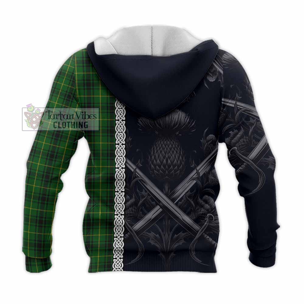 Tartan Vibes Clothing MacArthur (McArthur) Tartan Knitted Hoodie with Family Crest Cross Sword Thistle Celtic Vibes