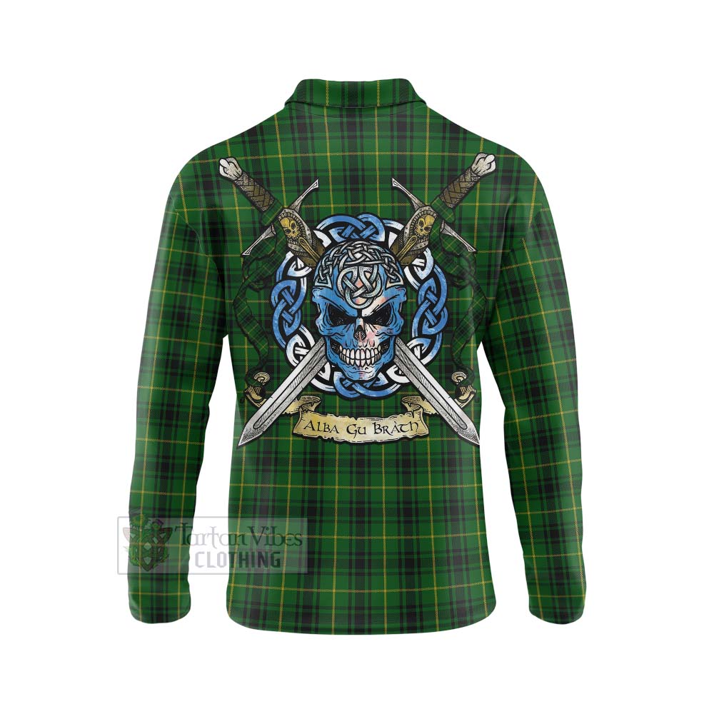 Tartan Vibes Clothing MacArthur (McArthur) Tartan Long Sleeve Polo Shirt with Family Crest Celtic Skull Style