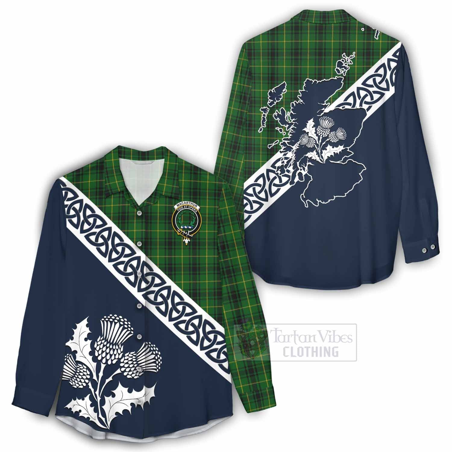 Tartan Vibes Clothing MacArthur (McArthur) Tartan Women's Casual Shirt Featuring Thistle and Scotland Map