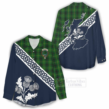 Tartan Vibes Clothing MacArthur (McArthur) Tartan Women's Casual Shirt Featuring Thistle and Scotland Map