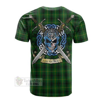 Tartan Vibes Clothing MacArthur (McArthur) Tartan Cotton T-shirt with Family Crest Celtic Skull Style