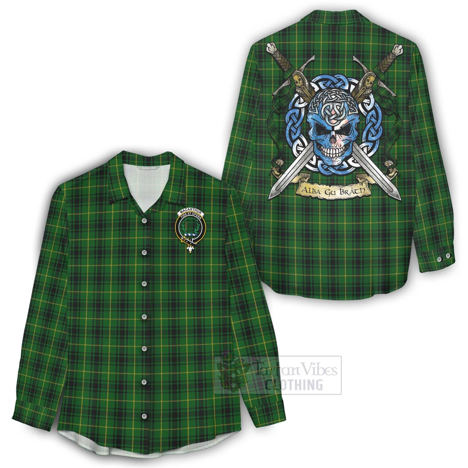 Tartan Vibes Clothing MacArthur (McArthur) Tartan Women's Casual Shirt with Family Crest Celtic Skull Style