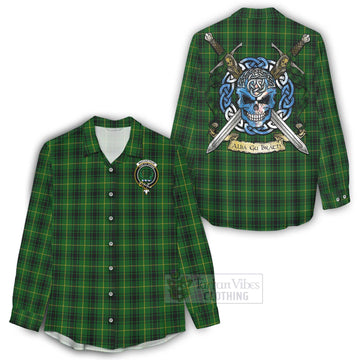 Tartan Vibes Clothing MacArthur (McArthur) Tartan Women's Casual Shirt with Family Crest Celtic Skull Style