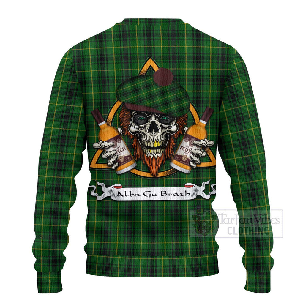 Tartan Vibes Clothing MacArthur (McArthur) Tartan Knitted Sweater with Family Crest and Bearded Skull Holding Bottles of Whiskey