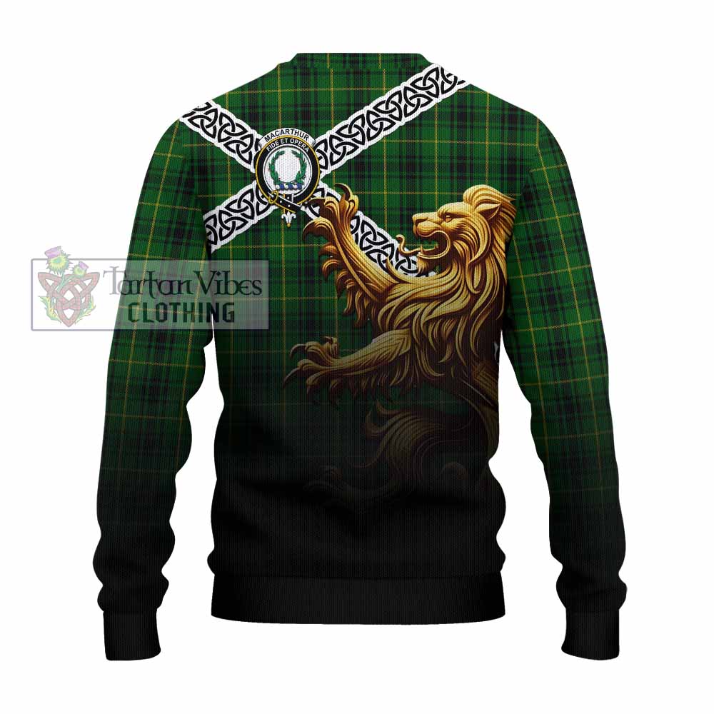 Tartan Vibes Clothing MacArthur (McArthur) Crest Tartan Knitted Sweater with Golden Lion Emblem Celtic Style