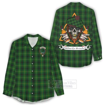 Tartan Vibes Clothing MacArthur (McArthur) Tartan Women's Casual Shirt with Family Crest and Bearded Skull Holding Bottles of Whiskey