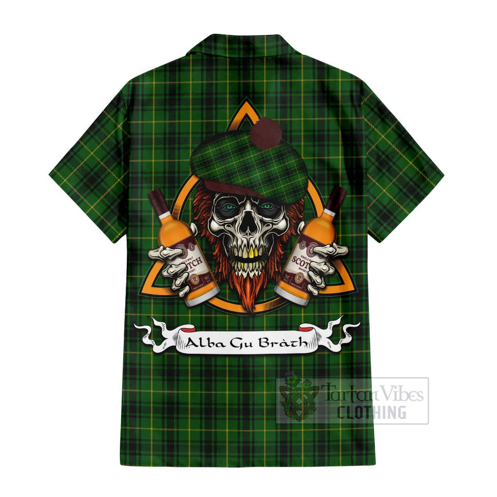 Tartan Vibes Clothing MacArthur (McArthur) Tartan Short Sleeve Button Shirt with Family Crest and Bearded Skull Holding Bottles of Whiskey
