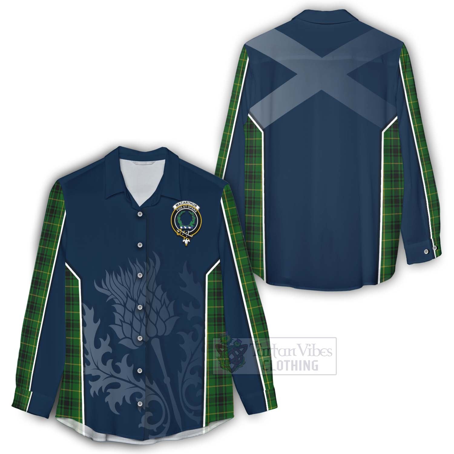 Tartan Vibes Clothing MacArthur (McArthur) Tartan Women's Casual Shirt with Family Crest and Scottish Thistle Vibes Sport Style