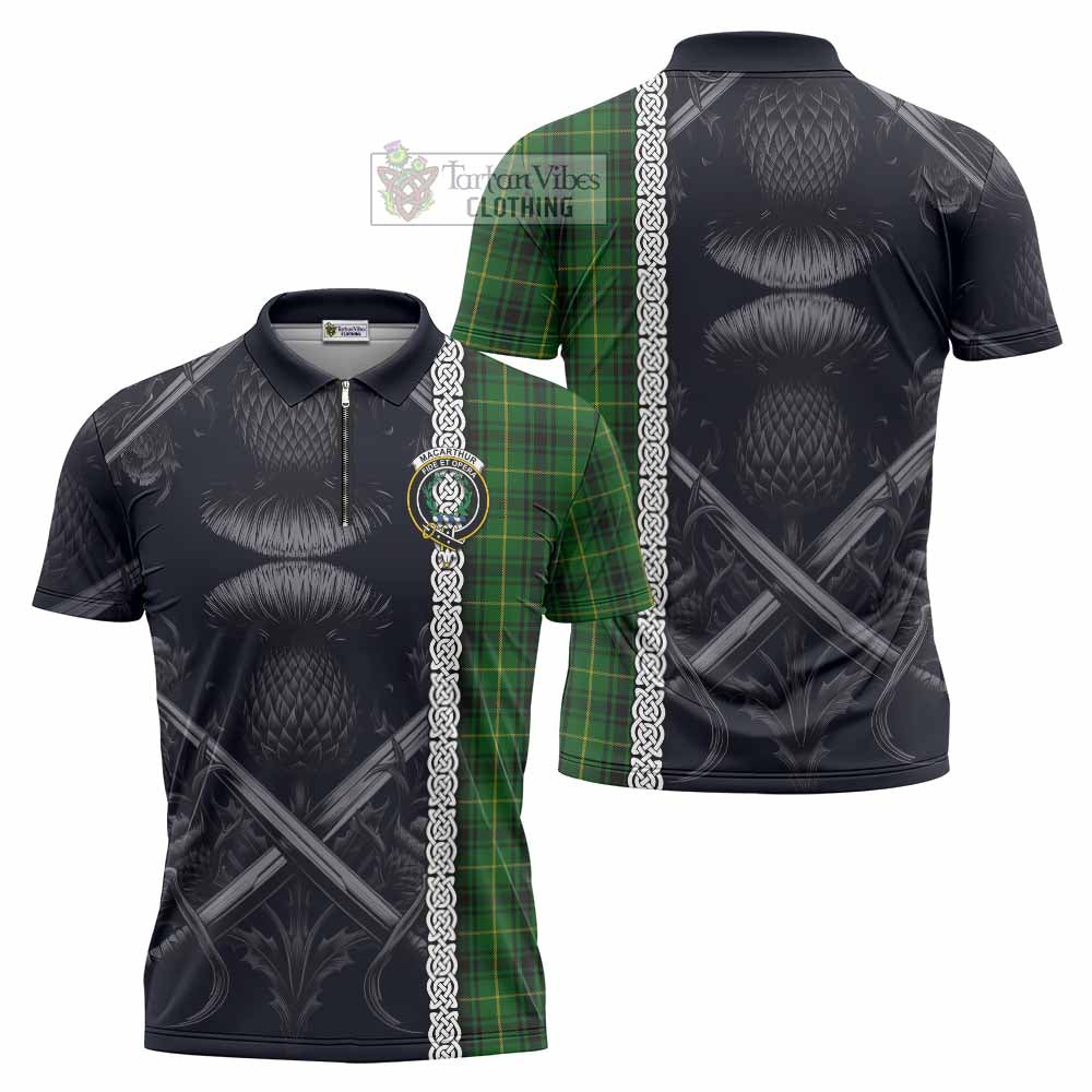 Tartan Vibes Clothing MacArthur (McArthur) Tartan Zipper Polo Shirt with Family Crest Cross Sword Thistle Celtic Vibes
