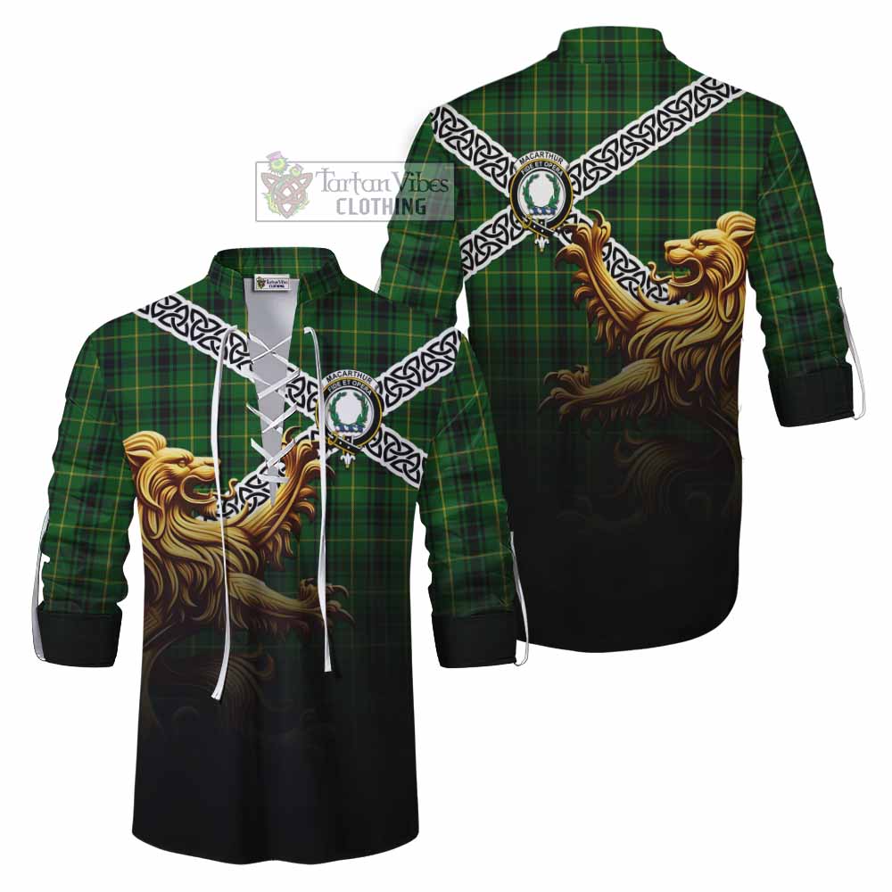 Tartan Vibes Clothing MacArthur (McArthur) Crest Tartan Ghillie Kilt Shirt with Golden Lion Emblem Celtic Style