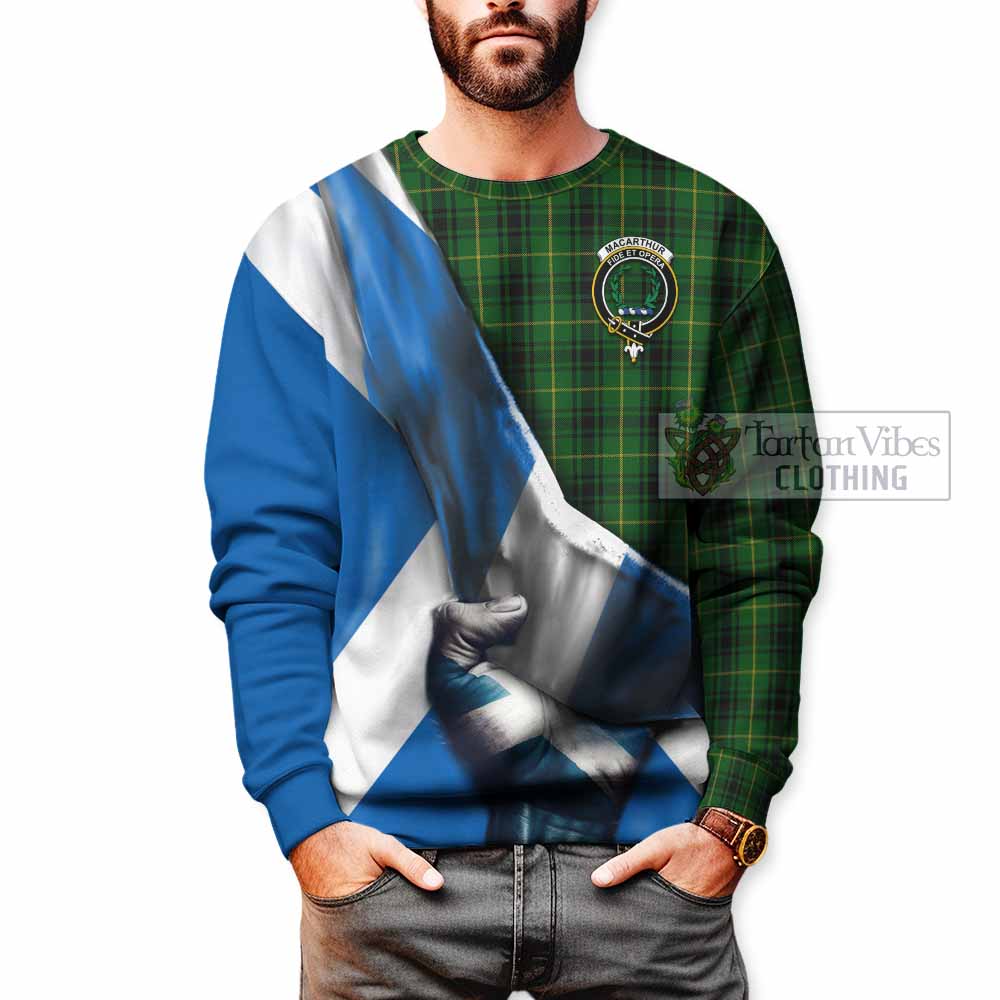 Tartan Vibes Clothing MacArthur (McArthur) Tartan Sweatshirt with Family Crest Scotland Patriotic Style