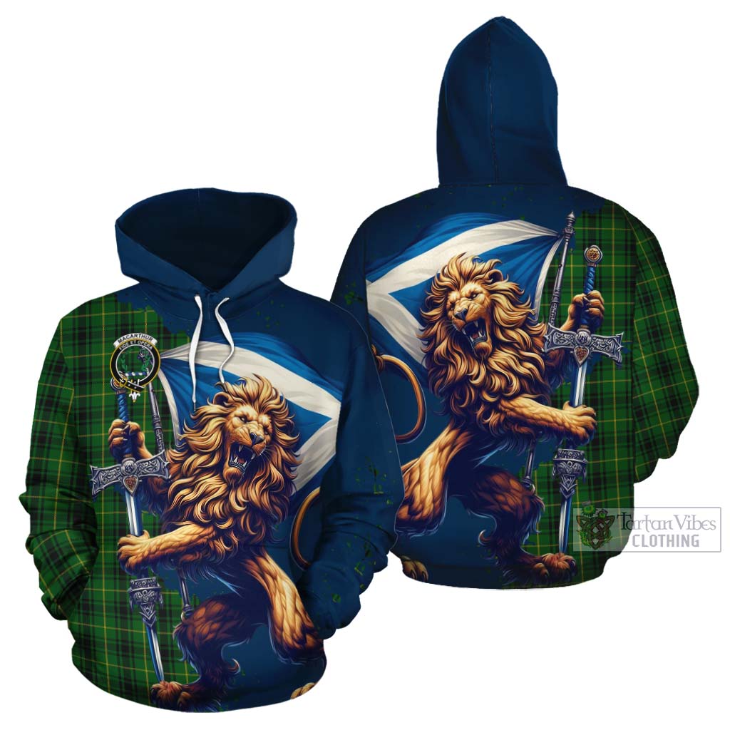Tartan Vibes Clothing MacArthur (McArthur) Tartan Family Crest Cotton Hoodie with Scottish Majestic Lion