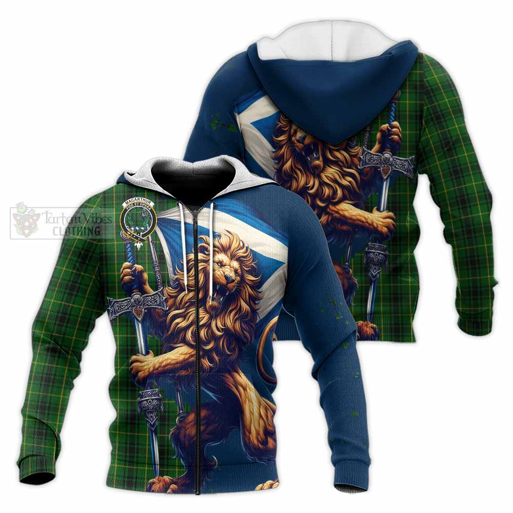 Tartan Vibes Clothing MacArthur (McArthur) Tartan Family Crest Knitted Hoodie with Scottish Majestic Lion