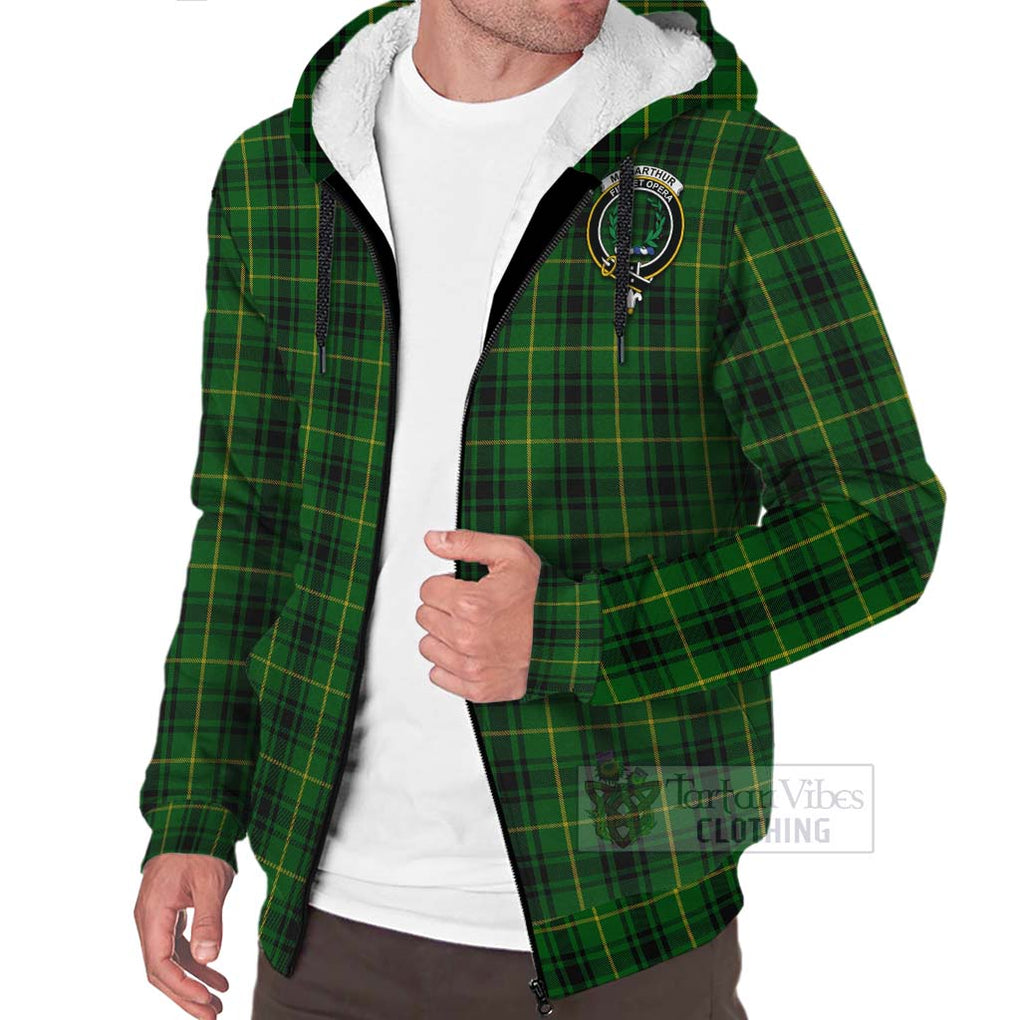Tartan Vibes Clothing MacArthur (McArthur) Tartan Sherpa Hoodie with Family Crest and Bearded Skull Holding Bottles of Whiskey