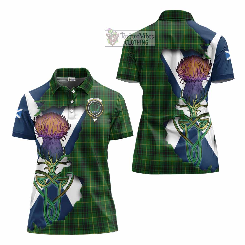 Tartan Vibes Clothing MacArthur (McArthur) Tartan Family Crest Women's Polo Shirt Scottish Thistle Celtic Inspired