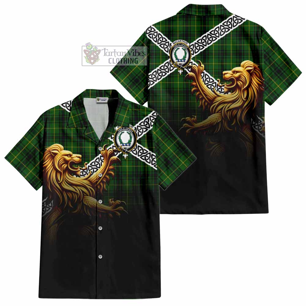 Tartan Vibes Clothing MacArthur (McArthur) Crest Tartan Short Sleeve Button Shirt with Golden Lion Emblem Celtic Style