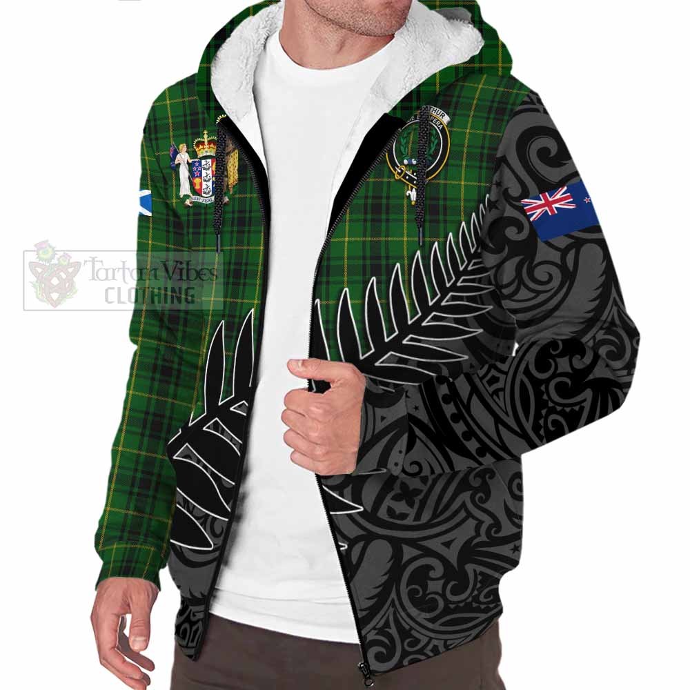 Tartan Vibes Clothing MacArthur (McArthur) Crest Tartan Sherpa Hoodie with New Zealand Silver Fern Half Style