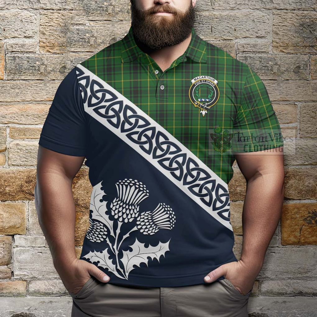 MacArthur (McArthur) Tartan Polo Shirt Featuring Thistle and Scotland Map