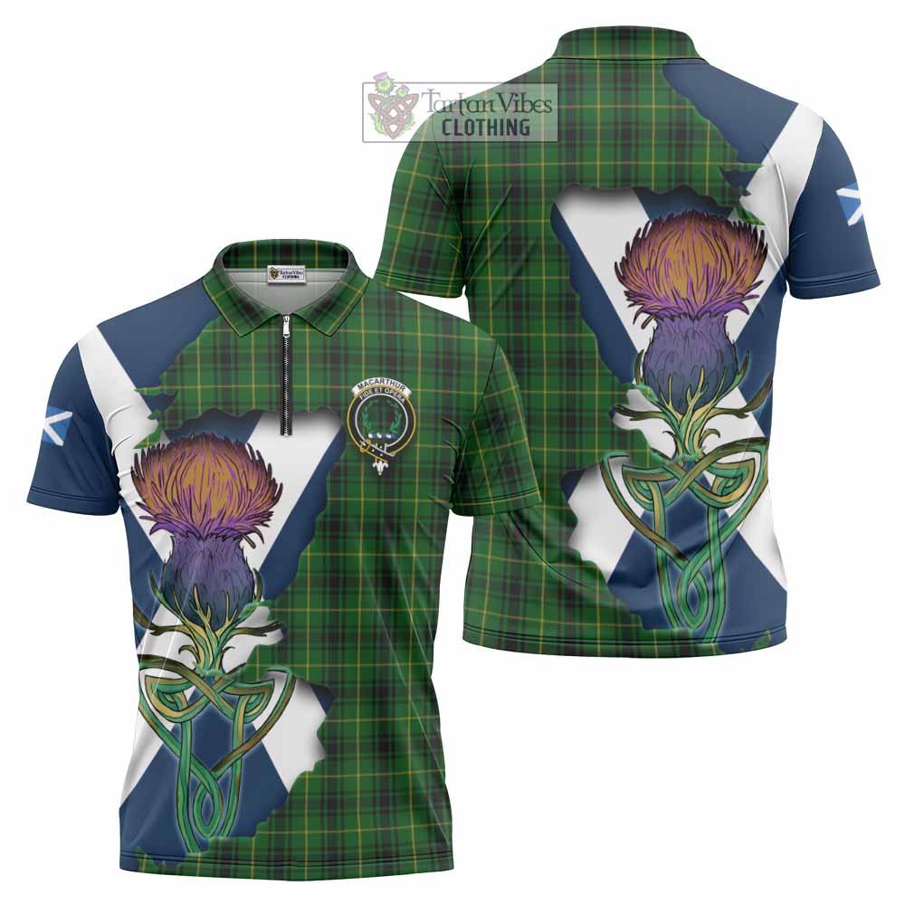 Tartan Vibes Clothing MacArthur (McArthur) Tartan Family Crest Zipper Polo Shirt Scottish Thistle Celtic Inspired