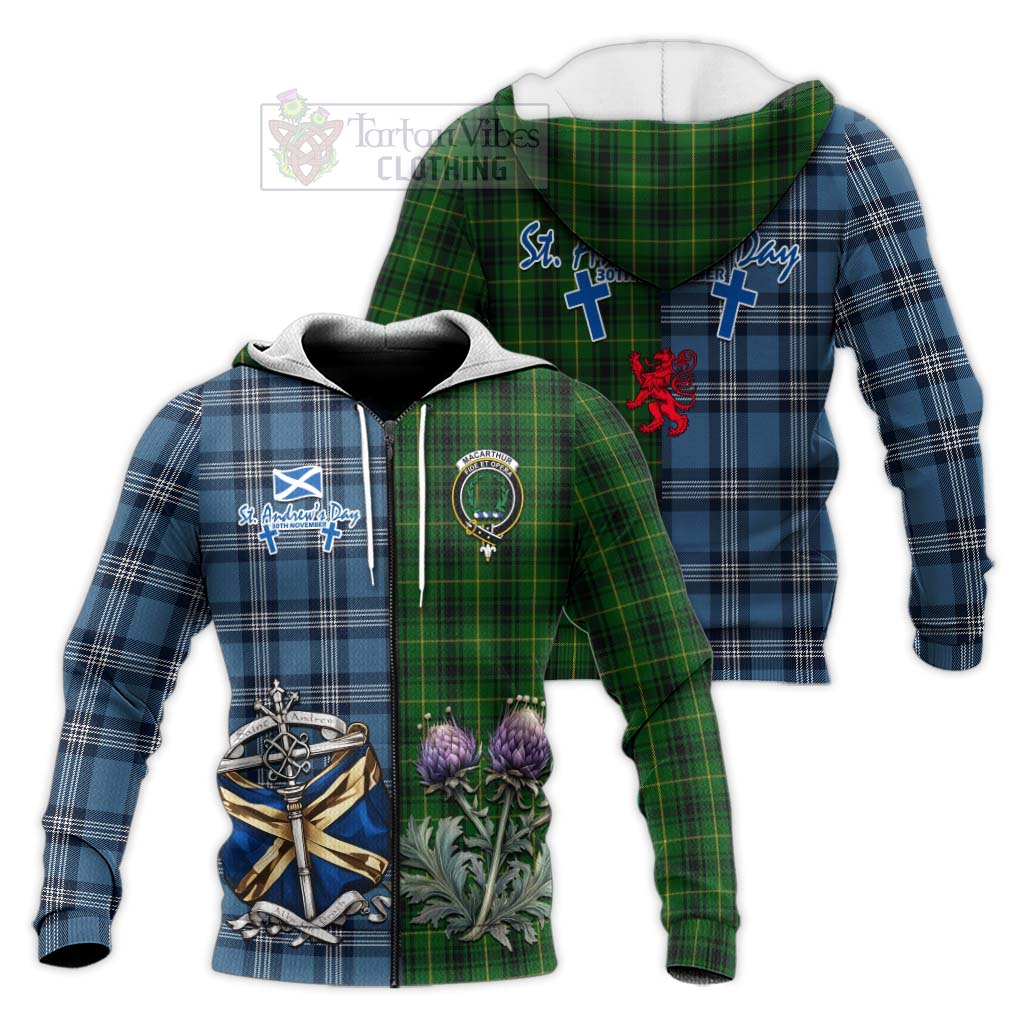 Tartan Vibes Clothing MacArthur (McArthur) Tartan Knitted Hoodie Happy St. Andrew's Day Half Tartan Style