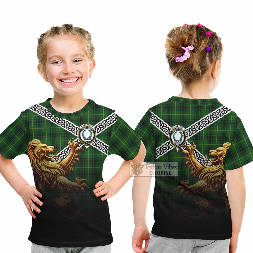 Tartan Vibes Clothing MacArthur (McArthur) Crest Tartan Kid T-Shirt with Golden Lion Emblem Celtic Style