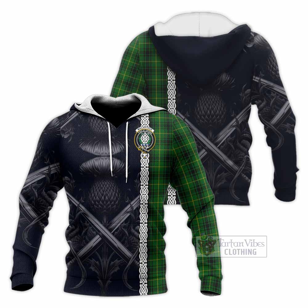 Tartan Vibes Clothing MacArthur (McArthur) Tartan Knitted Hoodie with Family Crest Cross Sword Thistle Celtic Vibes