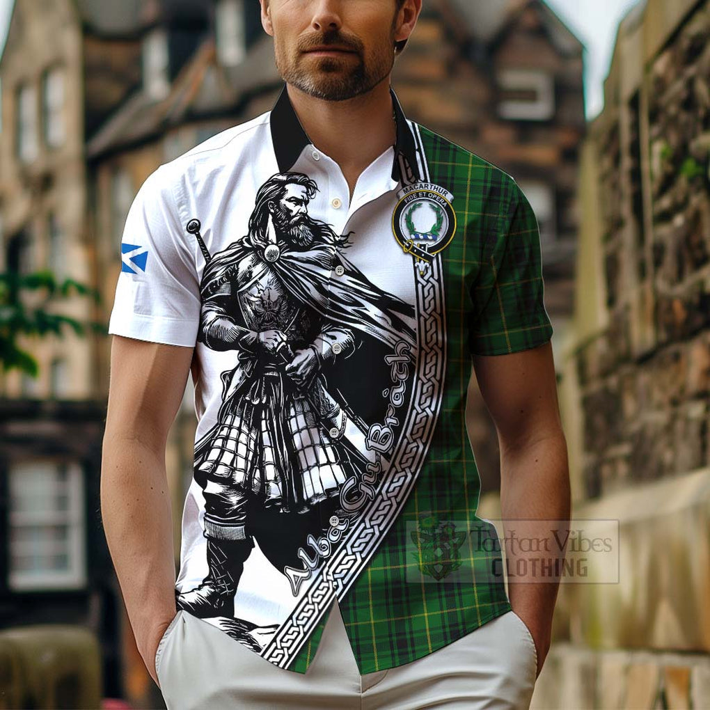 Tartan Vibes Clothing MacArthur (McArthur) Tartan Clan Crest Short Sleeve Button Shirt with Highlander Warrior Celtic Style