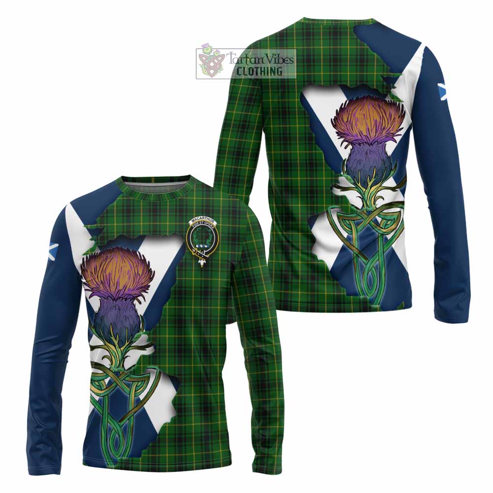 Tartan Vibes Clothing MacArthur (McArthur) Tartan Family Crest Long Sleeve T-Shirt Scottish Thistle Celtic Inspired