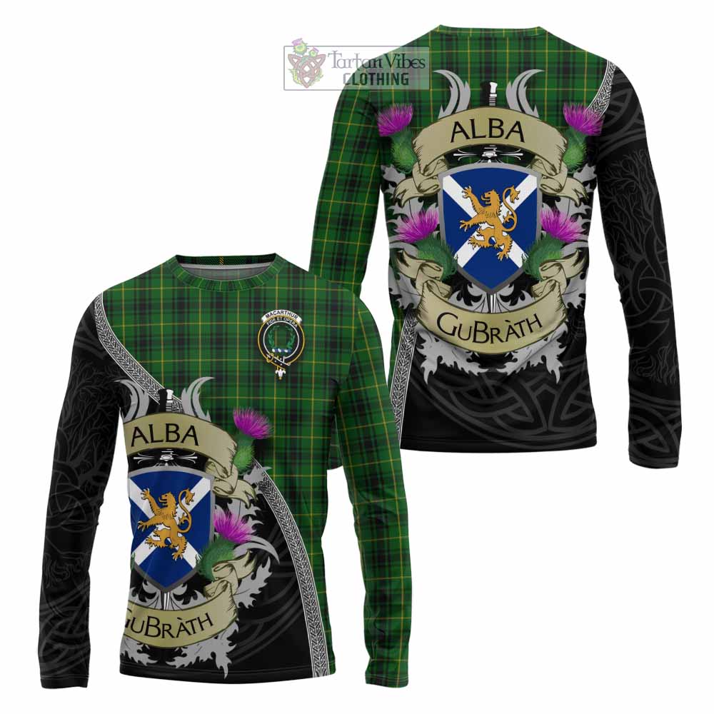Tartan Vibes Clothing MacArthur (McArthur) Tartan Family Crest Long Sleeve T-Shirt Lion Rampant Royal Thistle Shield Celtic Inspired