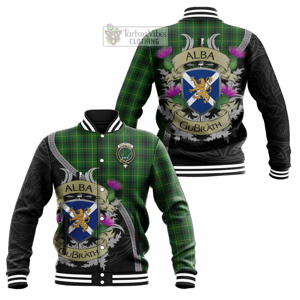 Tartan Vibes Clothing MacArthur (McArthur) Tartan Family Crest Baseball Jacket Lion Rampant Royal Thistle Shield Celtic Inspired