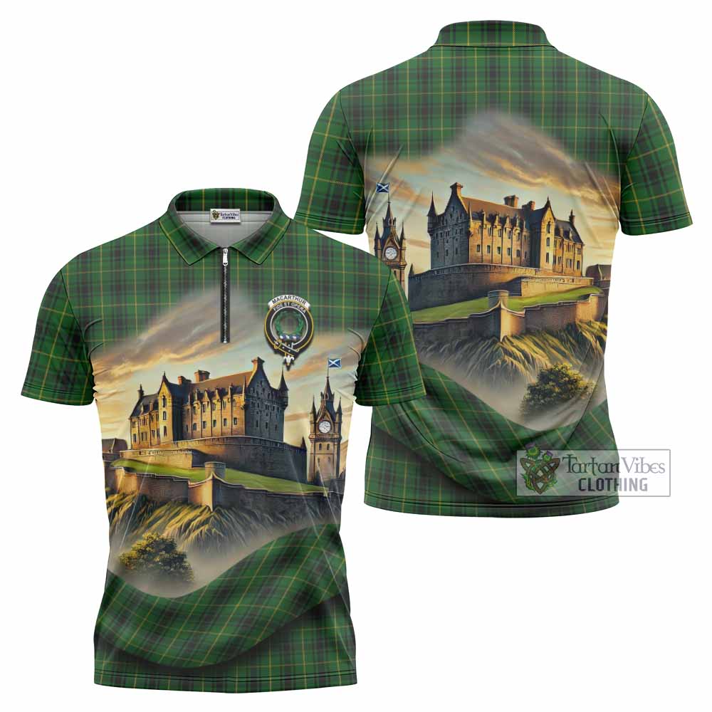 Tartan Vibes Clothing MacArthur (McArthur) Tartan Family Crest Zipper Polo Shirt with Scottish Ancient Castle Stype