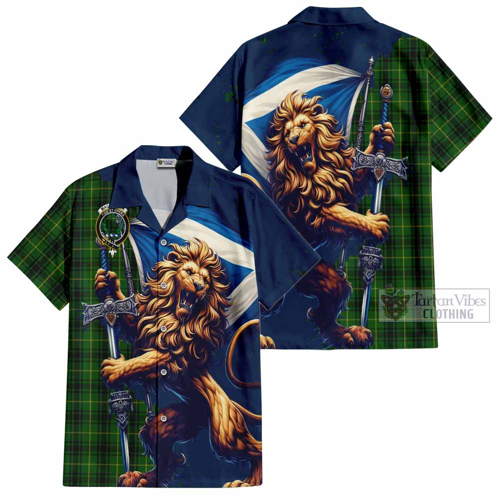 Tartan Vibes Clothing MacArthur (McArthur) Tartan Family Crest Short Sleeve Button Shirt with Scottish Majestic Lion