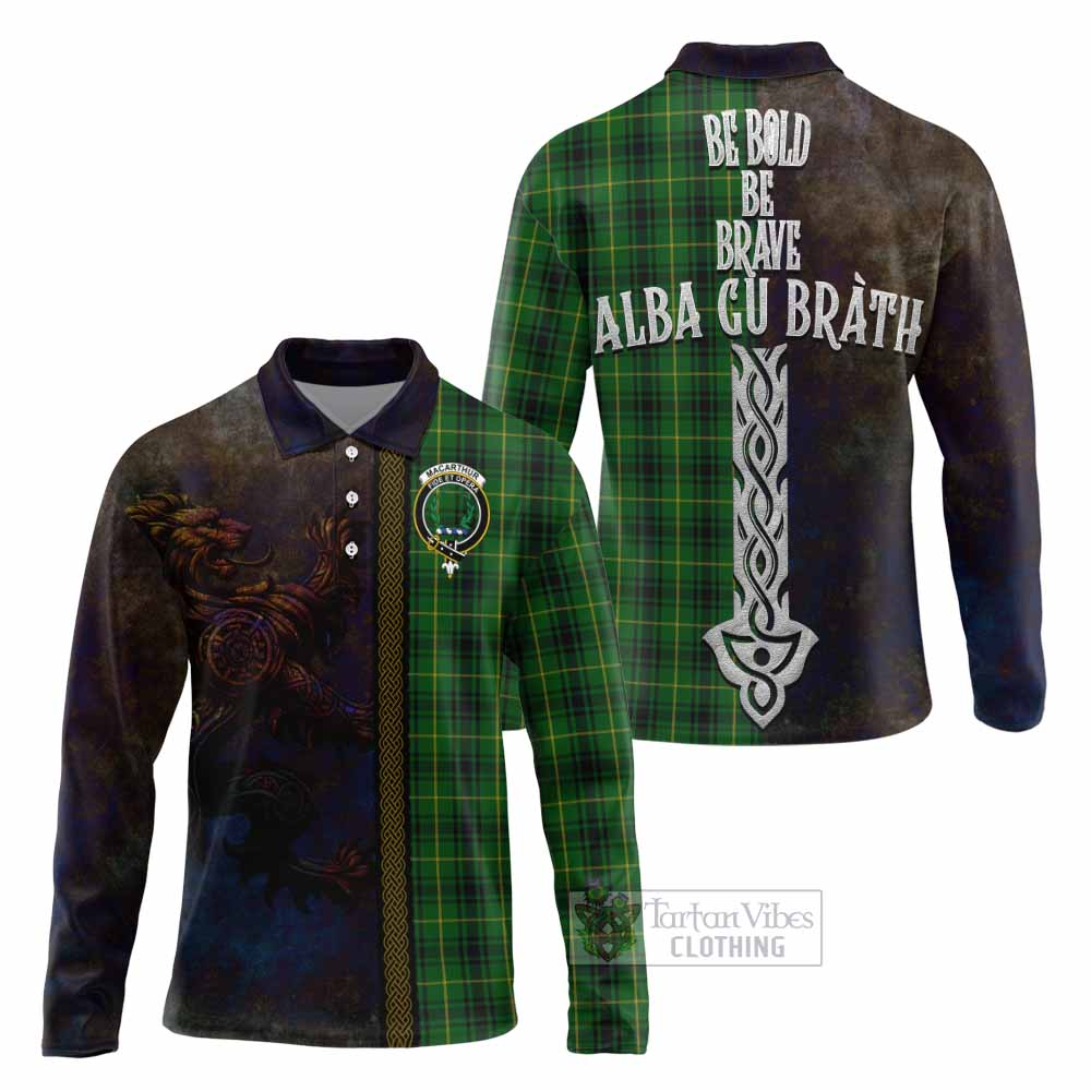 Tartan Vibes Clothing MacArthur (McArthur) Tartan Family Crest Long Sleeve Polo Shirt Alba Gu Brath Be Brave Lion Ancient Style
