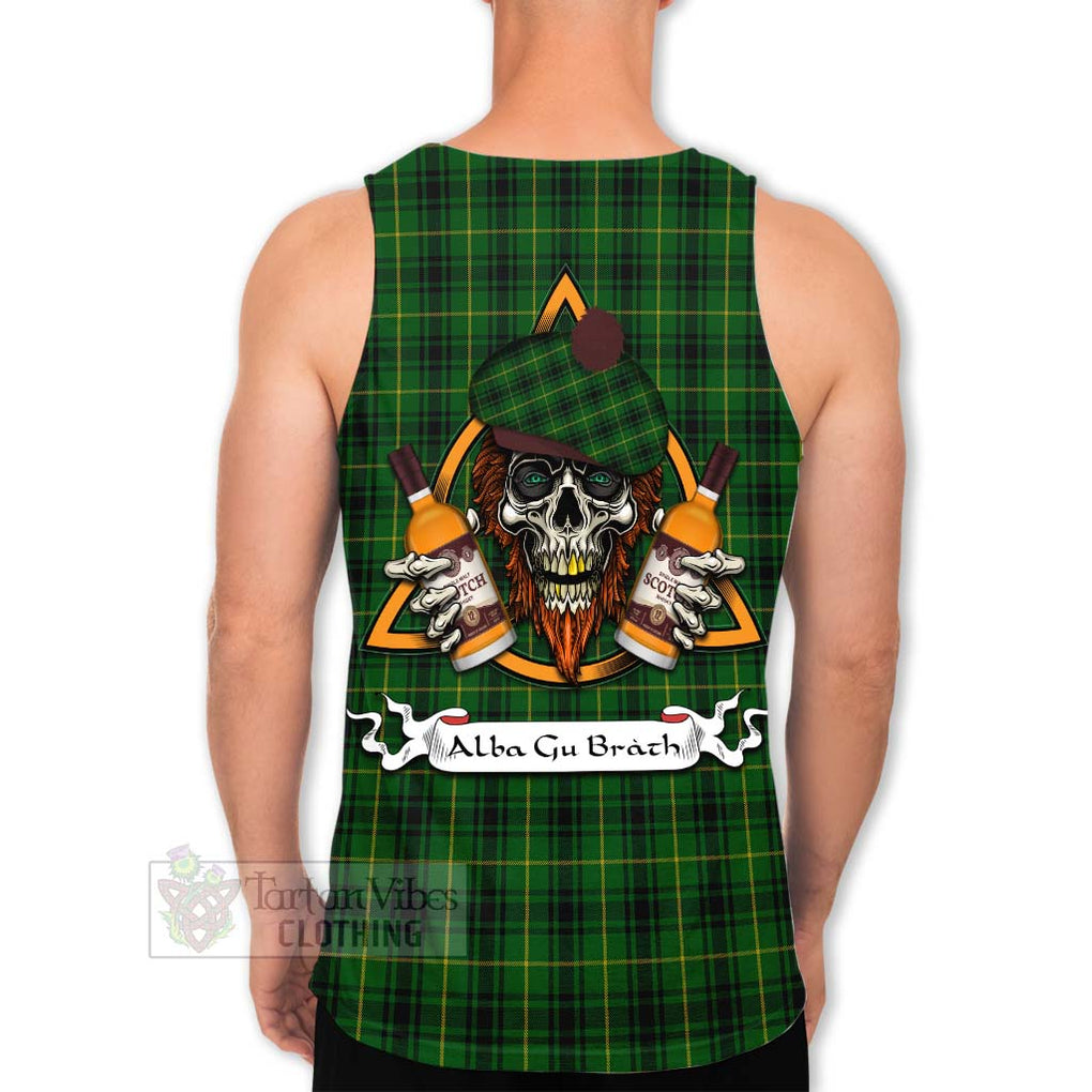 Tartan Vibes Clothing MacArthur (McArthur) Tartan Men's Tank Top with Family Crest and Bearded Skull Holding Bottles of Whiskey