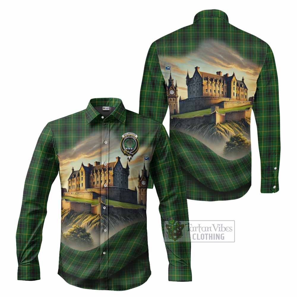 Tartan Vibes Clothing MacArthur (McArthur) Tartan Family Crest Long Sleeve Button Shirt with Scottish Ancient Castle Style