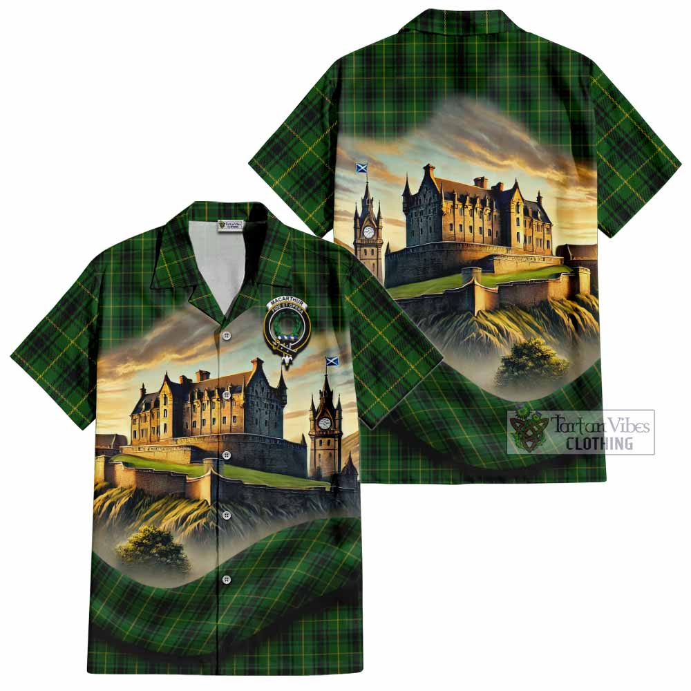 Tartan Vibes Clothing MacArthur (McArthur) Tartan Family Crest Short Sleeve Button Shirt with Scottish Ancient Castle Style