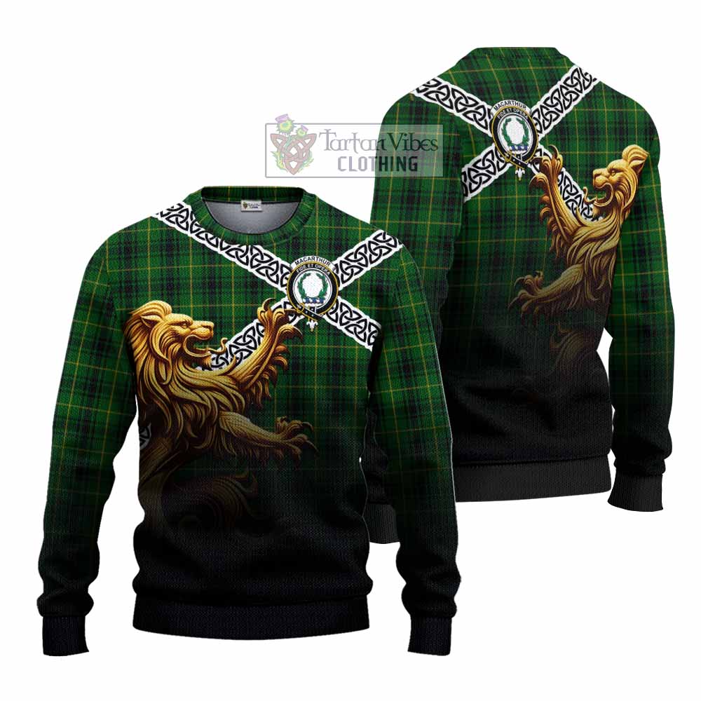 Tartan Vibes Clothing MacArthur (McArthur) Crest Tartan Knitted Sweater with Golden Lion Emblem Celtic Style