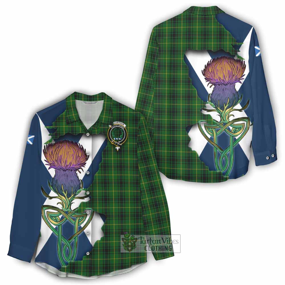 Tartan Vibes Clothing MacArthur (McArthur) Tartan Family Crest Women's Casual Shirt Scottish Thistle Celtic Inspired