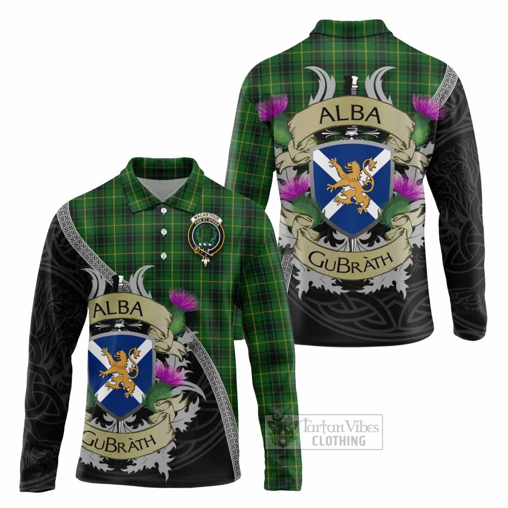 Tartan Vibes Clothing MacArthur (McArthur) Tartan Family Crest Long Sleeve Polo Shirt Lion Rampant Royal Thistle Shield Celtic Inspired