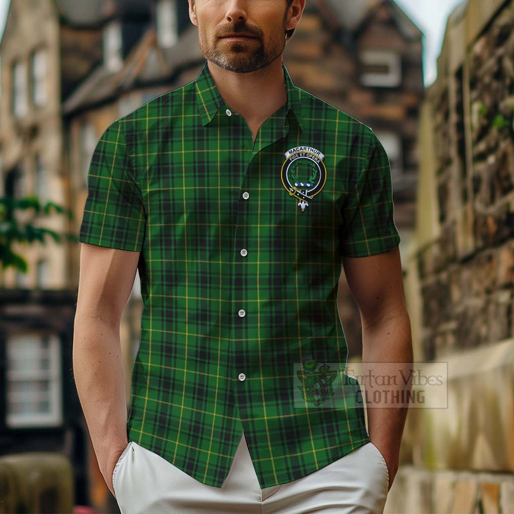 Tartan Vibes Clothing MacArthur (McArthur) Tartan Short Sleeve Button Shirt with Family Crest and Bearded Skull Holding Bottles of Whiskey