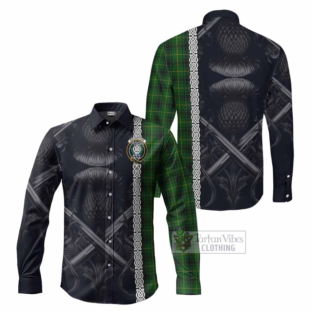Tartan Vibes Clothing MacArthur (McArthur) Tartan Long Sleeve Button Shirt with Family Crest Cross Sword Thistle Celtic Vibes