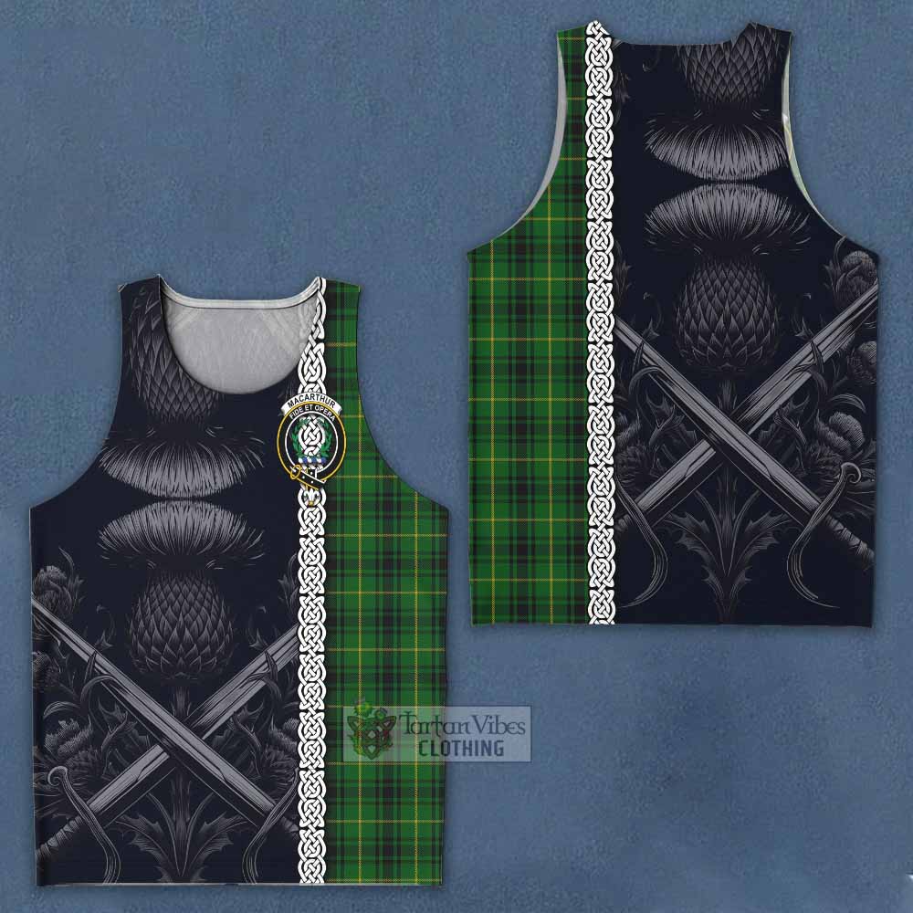 Tartan Vibes Clothing MacArthur (McArthur) Tartan Men's Tank Top with Family Crest Cross Sword Thistle Celtic Vibes