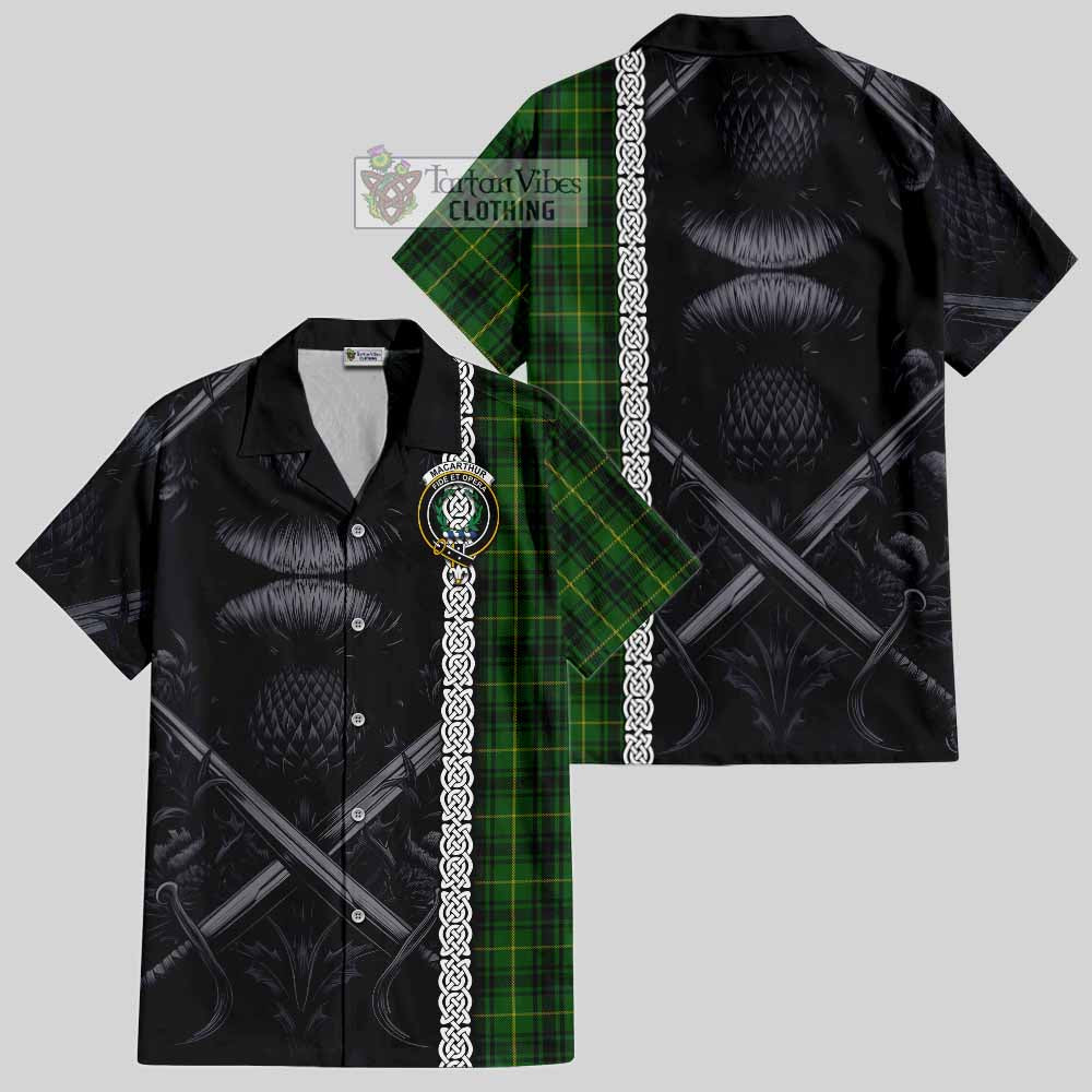 Tartan Vibes Clothing MacArthur (McArthur) Tartan Short Sleeve Button Shirt with Family Crest Cross Sword Thistle Celtic Vibes